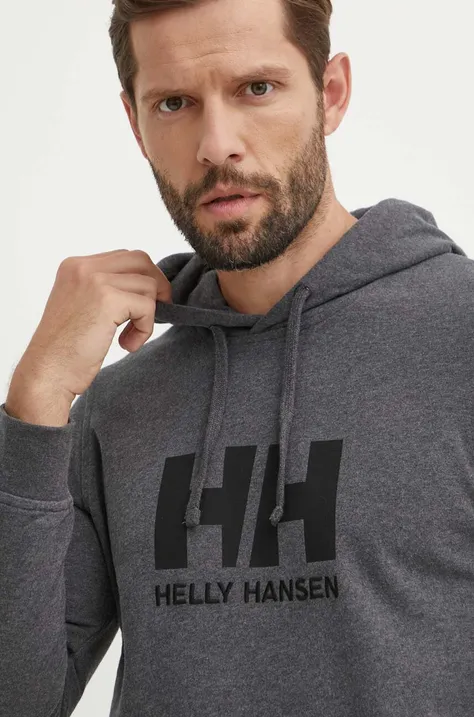 Helly Hansen hanorac de bumbac HH LOGO HOODIE bărbați, culoarea gri, cu glugă, cu imprimeu  33977