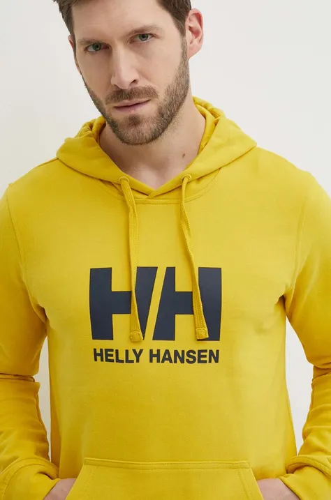 Bombažen pulover Helly Hansen moška, rumena barva, s kapuco