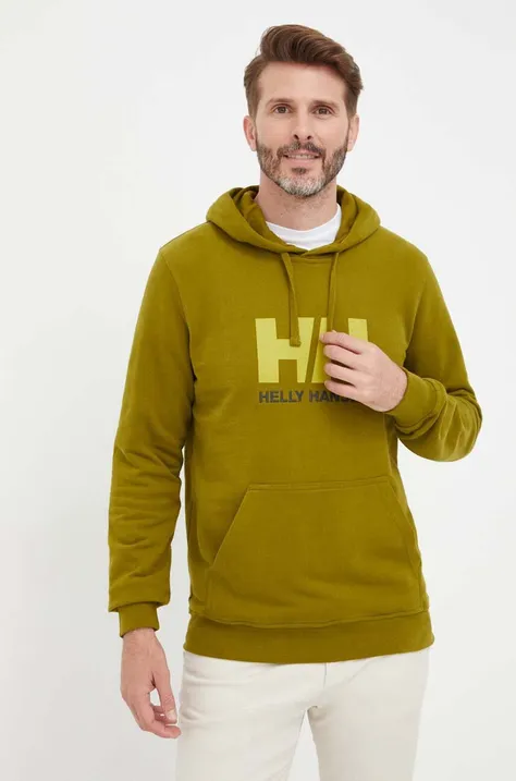 Helly Hansen bluza bawełniana męska kolor zielony z kapturem z aplikacją 33977-597