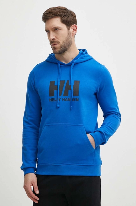 Helly Hansen bluza bawełniana HH LOGO HOODIE męska kolor niebieski z kapturem z aplikacją 33977