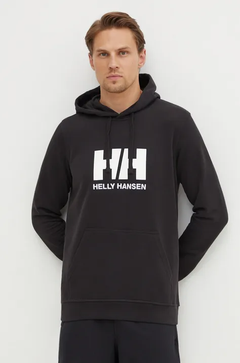 Helly Hansen hanorac de bumbac HH LOGO HOODIE bărbați, culoarea negru, cu glugă, cu imprimeu 33977