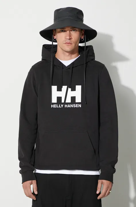 Bombažen pulover Helly Hansen moška, črna barva, s kapuco