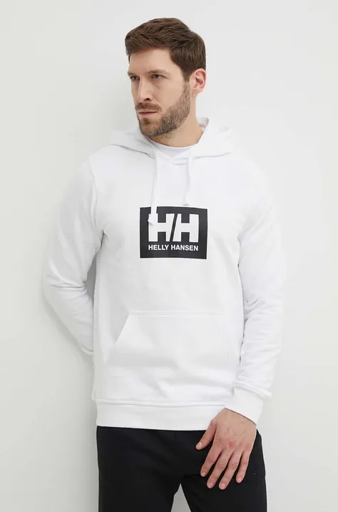 Bombažen pulover Helly Hansen bela barva, s kapuco