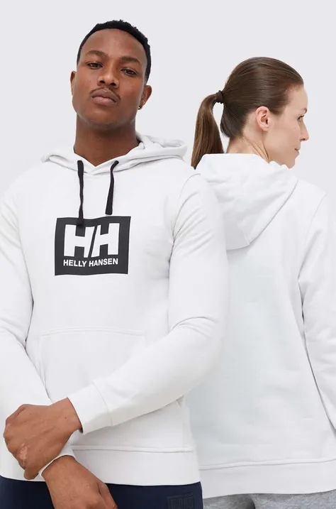 Bombažen pulover Helly Hansen siva barva, s kapuco