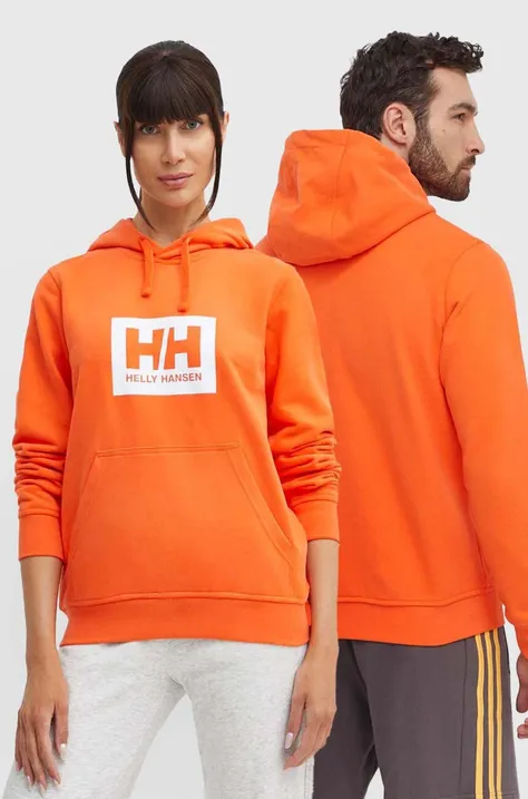 Bombažen pulover Helly Hansen oranžna barva, s kapuco