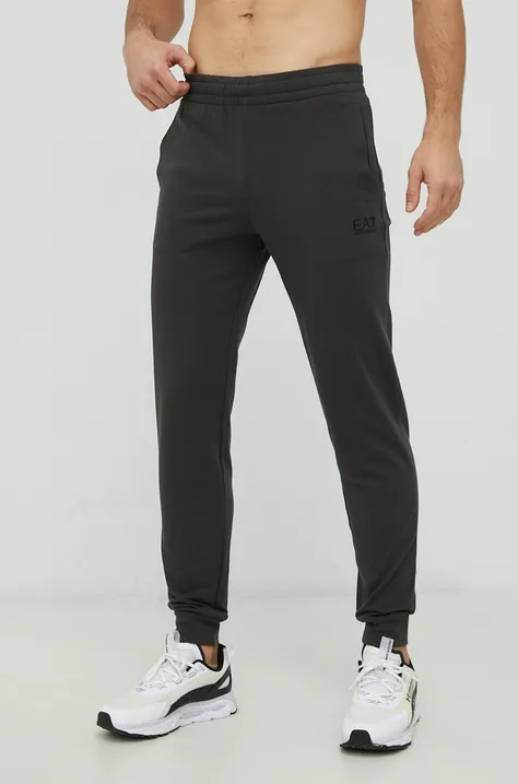 EA7 Emporio Armani pantaloni de trening din bumbac barbati, culoarea negru, neted