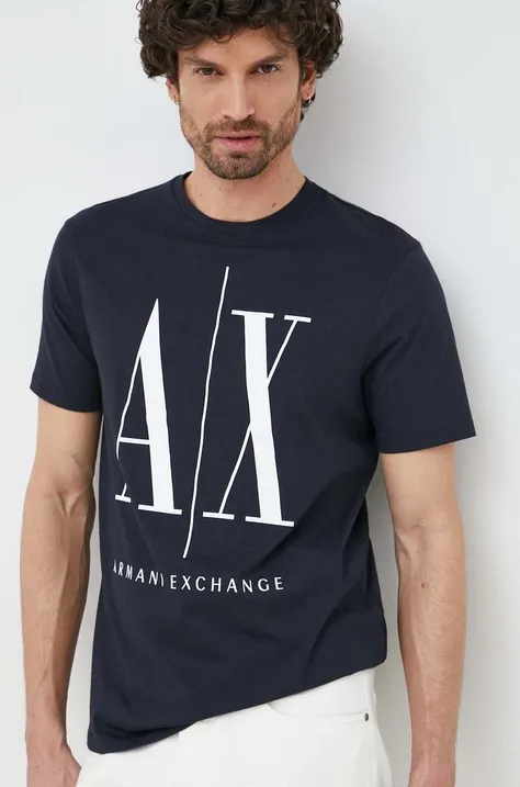 Bavlnené tričko Armani Exchange tmavomodrá farba, s potlačou