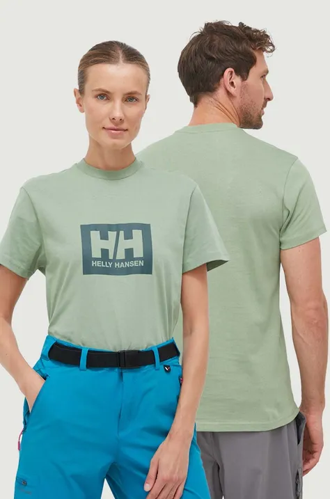Памучна тениска Helly Hansen в зелено с принт