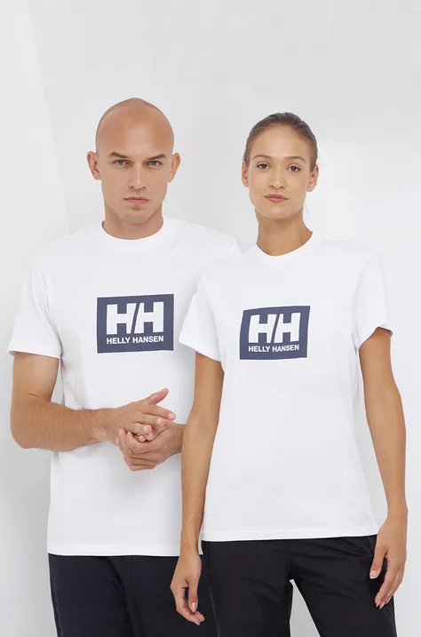 Памучна тениска Helly Hansen в бяло с принт