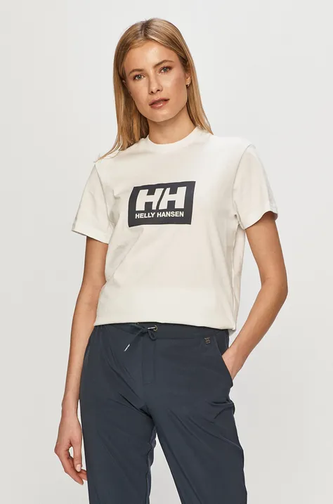 Bavlněné tričko Helly Hansen bílá barva, s potiskem, 53285-096