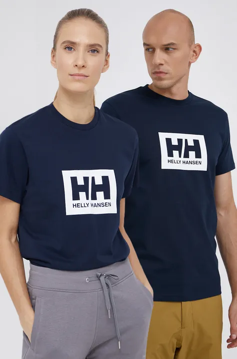 Памучна тениска Helly Hansen в тъмносиньо с принт