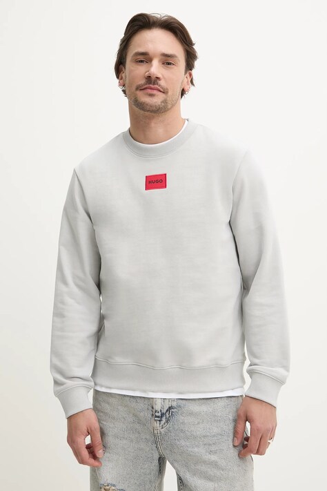 Bavlněná mikina HUGO pánská, šedá barva, s aplikací, 50447964
