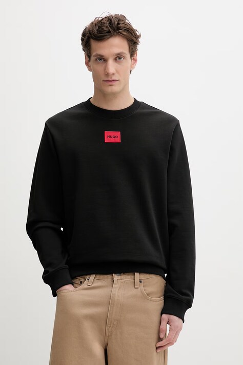 Bavlněná mikina HUGO Diragol212 pánská, černá barva, s aplikací, 50447964