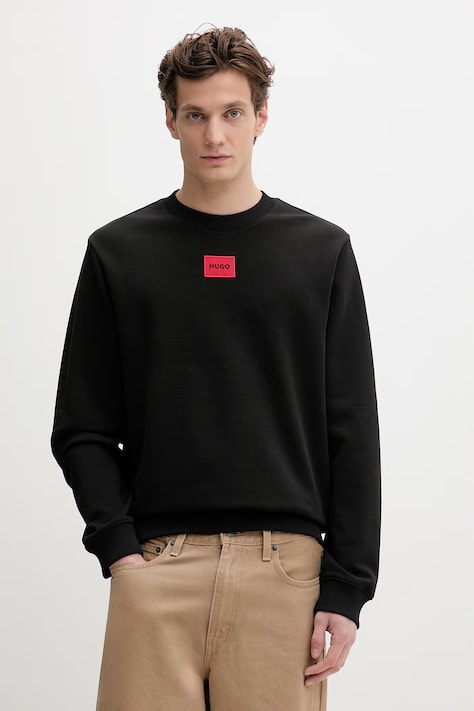 Bavlněná mikina HUGO Diragol212 pánská, černá barva, s aplikací, 50447964