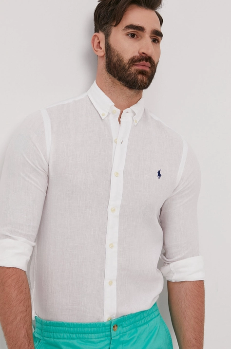 Polo Ralph Lauren cămașă bărbați, culoarea alb, cu guler button-down, slim 710829000000