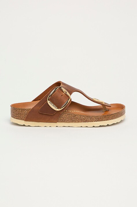 Birkenstock slapi de piele Gizeh Big Buckle femei, culoarea maro, cu toc plat, 1018745