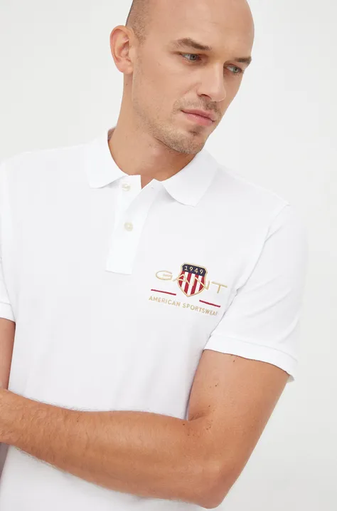 Bavlněné polo tričko Gant bílá barva, s aplikací