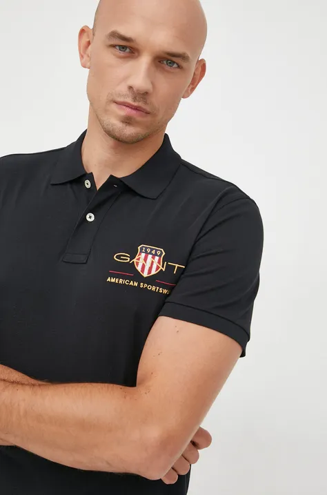 Pamučna polo majica Gant boja: crna, s aplikacijom
