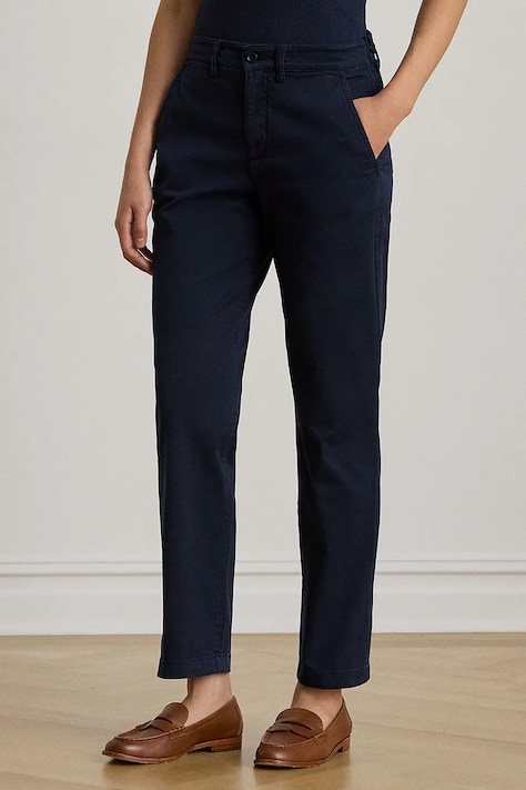 Kalhoty Lauren Ralph Lauren dámské, tmavomodrá barva, střih chinos, medium waist
