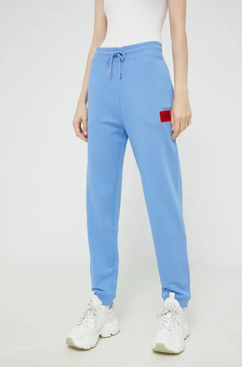 Kalhoty HUGO dámské, modrá barva, hladké, 50455983