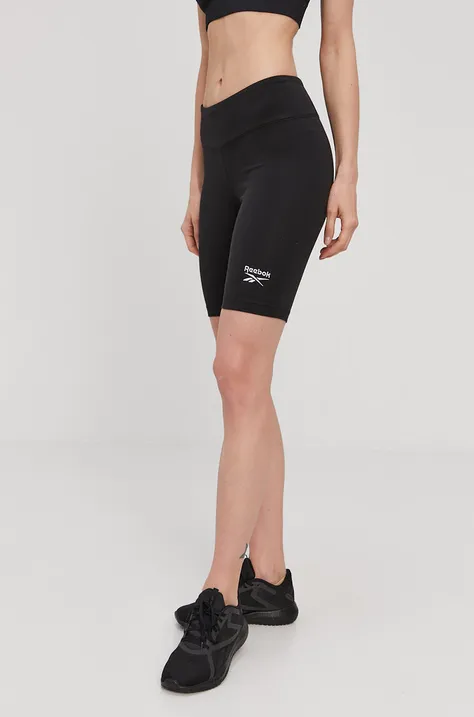 Reebok Pantaloni scurți GL4694 femei, culoarea negru, cu imprimeu, medium waist GL4694-BLACK
