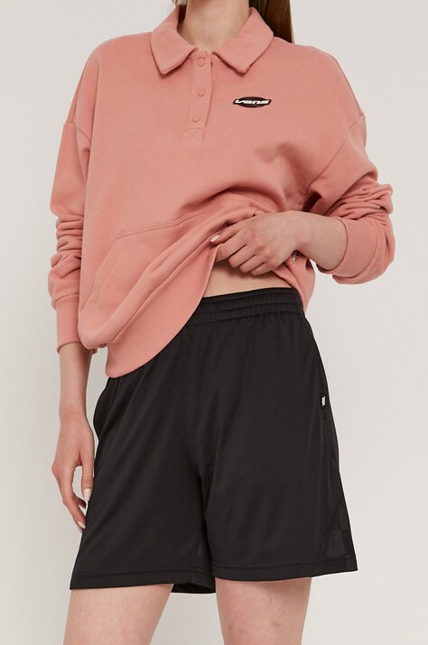 Vans Pantaloni scurți femei, culoarea negru, material neted, medium waist