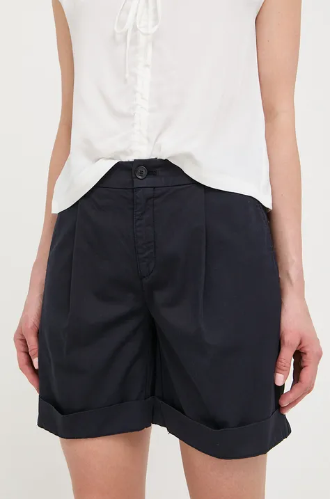 Kratke hlače BOSS za žene, boja: tamno plava, glatki materijal, visoki struk