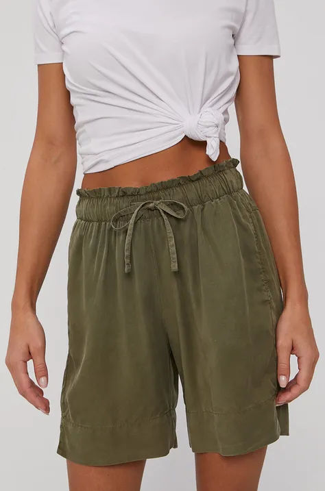 Deha Pantaloni scurți femei, culoarea verde, material neted, high waist