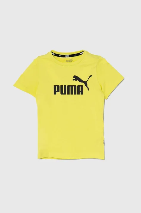 Детска памучна тениска Puma в зелено с принт