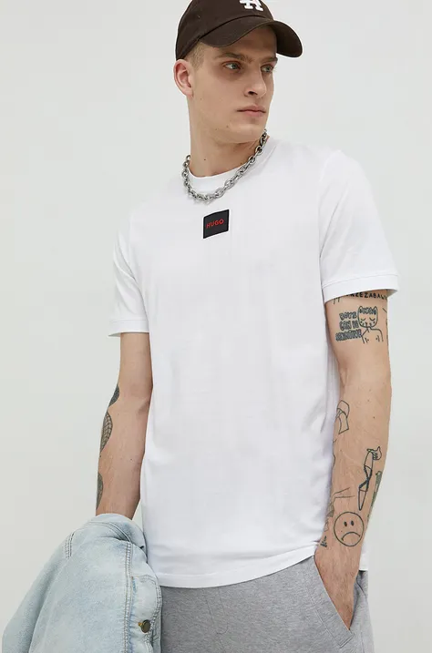 Bavlněné tričko HUGO bílá barva, s aplikací, 50447978