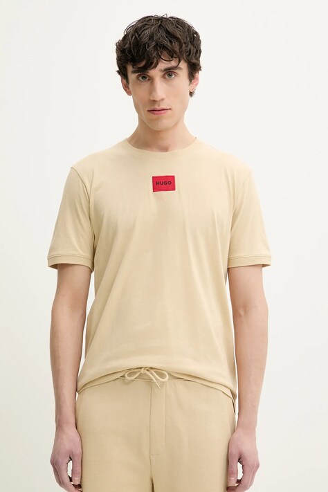 HUGO tricou din bumbac barbati, culoarea bej, cu imprimeu, 50447978