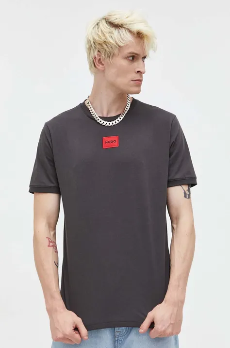 HUGO t-shirt bawełniany kolor szary z aplikacją