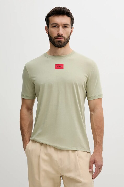 Bavlněné tričko HUGO pánské, šedá barva, s aplikací, 50447978