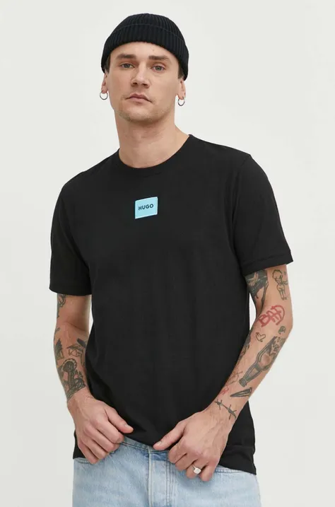 Bavlněné tričko HUGO černá barva, s aplikací, 50447978
