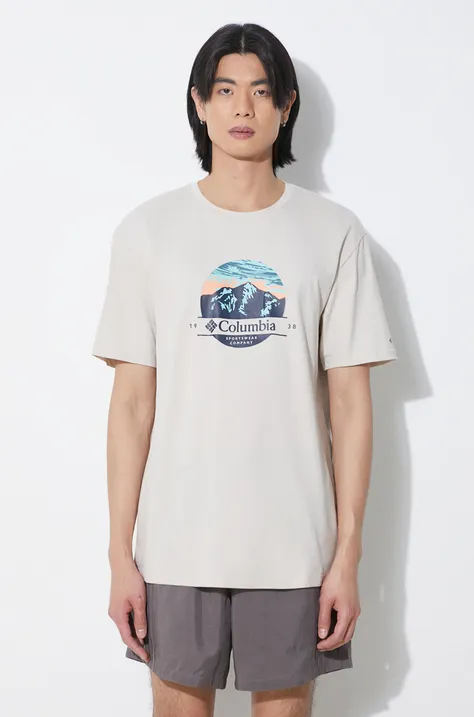 Columbia tricou din bumbac Path Lake bărbați, culoarea bej, cu imprimeu 1934814