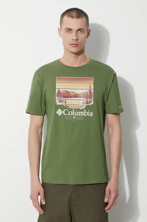 Pamučna majica Columbia Path Lake za muškarce, boja: zelena, s tiskom, 1934814