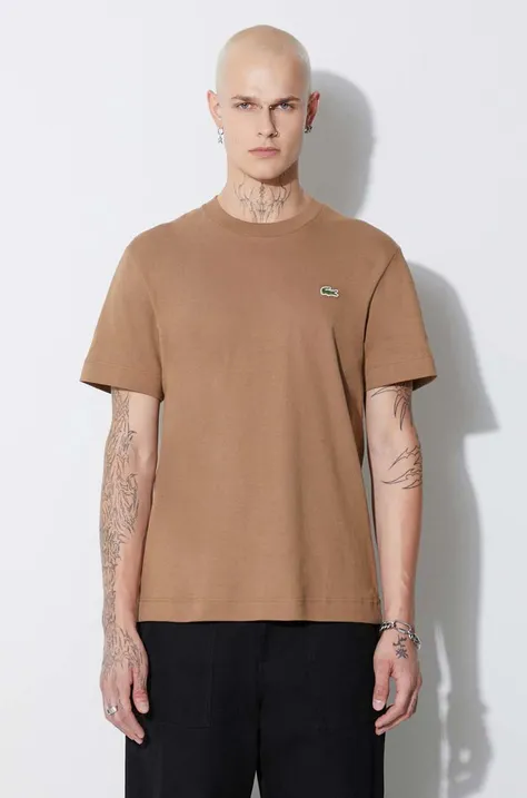Lacoste t-shirt bawełniany kolor brązowy gładki