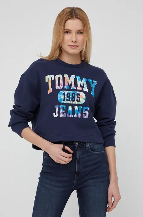 Bavlněná mikina Tommy Jeans dámská, tmavomodrá barva, s potiskem