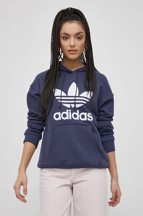 Pamučna dukserica adidas Originals za žene, boja: tamno plava, s kapuljačom, HE6951-SHANAV