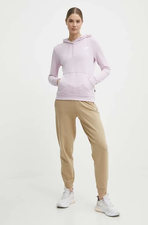 Puma bluza damska kolor fioletowy z kapturem z aplikacją
