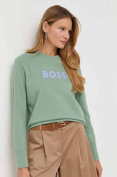BOSS bluza bawełniana damska kolor zielony z nadrukiem