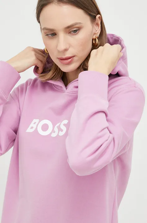 Хлопковая кофта BOSS женская цвет розовый с капюшоном с принтом