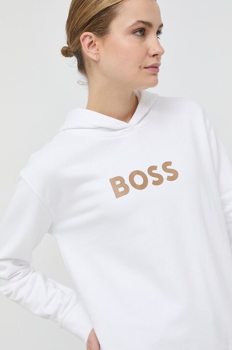 Хлопковая кофта BOSS женская цвет белый с капюшоном с принтом