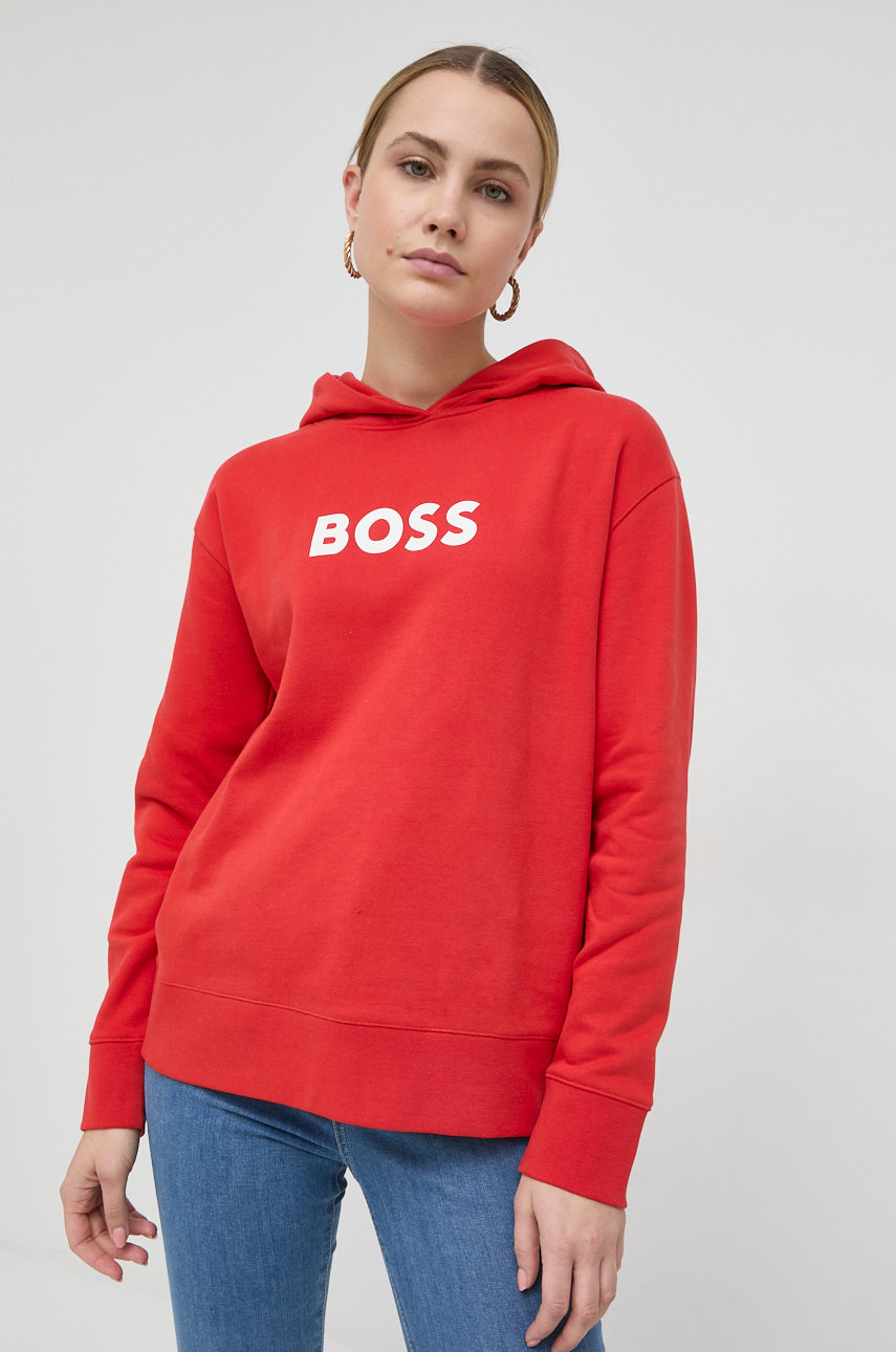 BOSS bluza bawełniana damska kolor czerwony z kapturem z nadrukiem 50468367