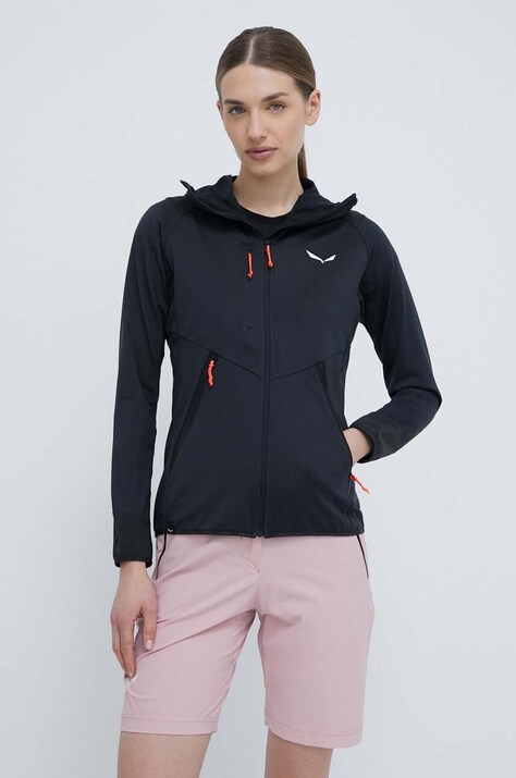 Salewa hanorac Agner Hybrid femei, culoarea negru, cu glugă, melanj