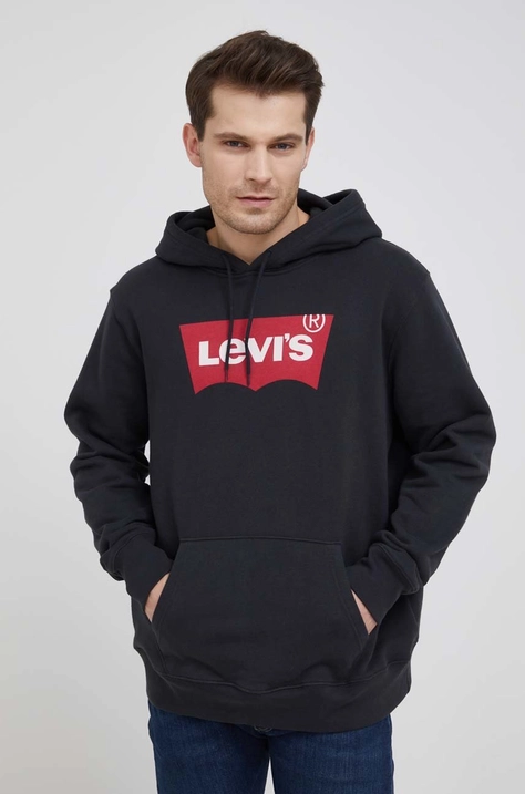 Bavlnená mikina Levi's 38424.0001-Reds, pánska, čierna farba, s kapucňou, s potlačou