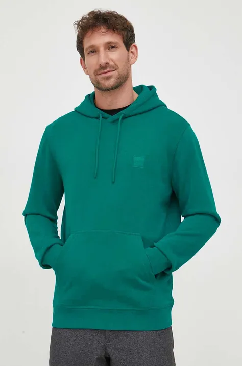 Bombažen pulover BOSS CASUAL moška, zelena barva, s kapuco