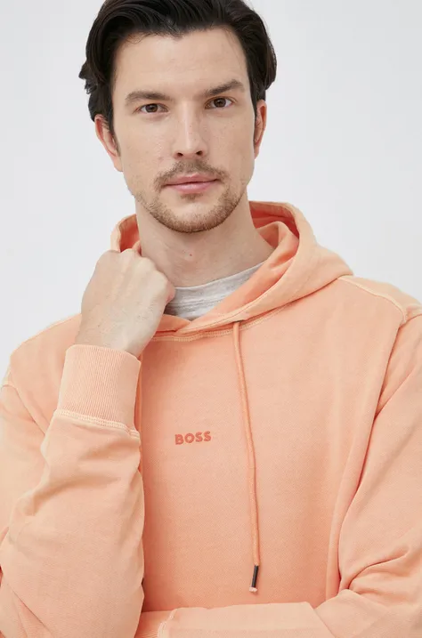 Bavlnená mikina BOSS Boss Casual pánska, oranžová farba, s kapucňou, jednofarebná