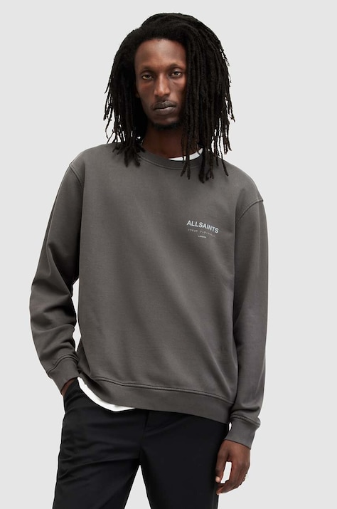 AllSaints longsleeve din bumbac culoarea gri, cu imprimeu