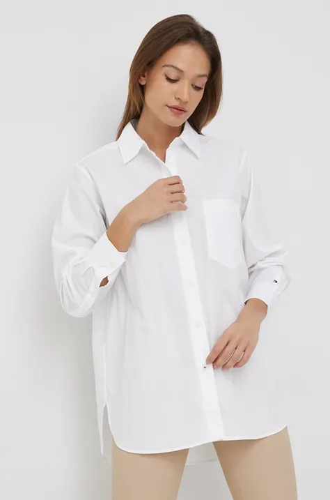 Хлопковая рубашка Tommy Hilfiger женская цвет белый relaxed классический воротник